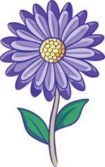 Purple Daisy Flower with Yellow Center, Illustration of a purple daisy flower with layered petals, a yellow textured center, and two green leaves on a slender stem, showcasing a vibrant design.
