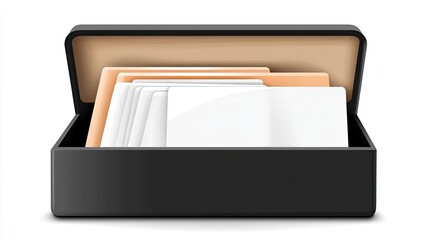 Open Black File Box with Papers and Folders