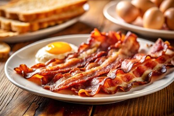 Crispy Fried Bacon on a White Plate with a Fragrant Egg and Toast, Captured with a Tilt-Shift Effect for a Unique Culinary Aesthetic