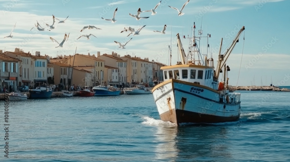 Aufkleber a boat with the letters f and p on it is sailing in the ocean