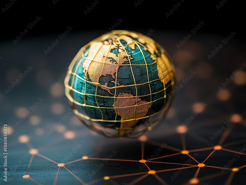Poster a miniature globe encased in a golden cage, levitating above a network of glowing orange lines on a 
