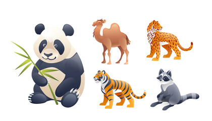 Set of illustrations animals of Asia, panda, leopard, camel, tiger, raccoon, realistic in 3D style. © Oksana Kabanchuk