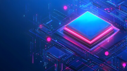 Fototapeta premium A sleek and modern design is complemented by a futuristic semiconductor chip that glows neon blue and is floating in a high-tech digital environment, surrounded by circuit board patterns and flowing