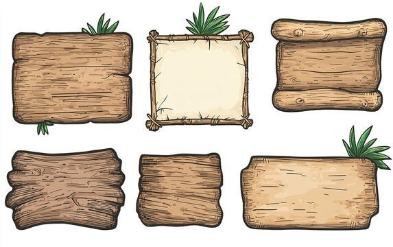 Wooden signboard templates with grass accents, perfect for decoration or signage in natural settings or themed events