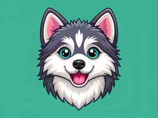 Cute Pomsky Icon Design for Pet Lovers Featuring an Adorable Dog Face with Bright Blue Eyes and a Playful Expression on a Vibrant Background