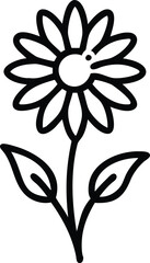 Daisy Flower Outline with Two Leaves, Black and white outline illustration of a daisy flower with a round center, multiple narrow petals, and two simple leaves on a thin stem.
