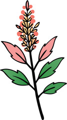 Colorful Floral Stem with Leaves and Buds, Illustration of a floral stem featuring pink and yellow buds, along with green and pink leaves, showcasing a vibrant and decorative design.
