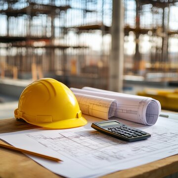 Construction engineer calculating and planning project on blueprint with yellow helmet on wooden table in construction site