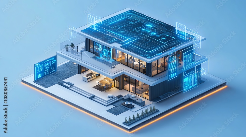 Poster a modern, futuristic home with digital interfaces showcasing its smart home technology.