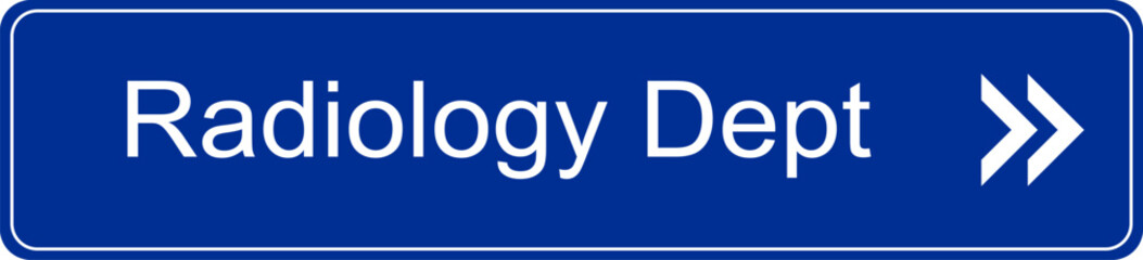Blue and white vector graphic of a direction sign inside a hospital pointing to the radiology department