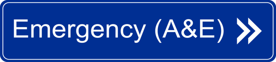 Blue and white vector graphic of a direction sign inside a hospital pointing to the emergency room also known as accident and emergency (A&E)