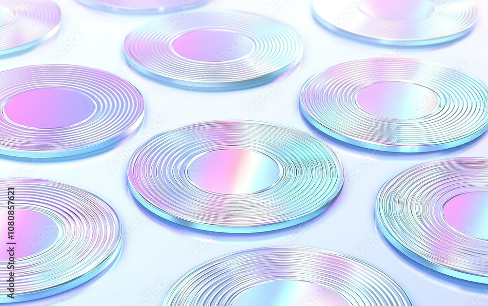 Poster colorful reflective discs arranged neatly on a soft surface, showcasing a blend of light and shadow 