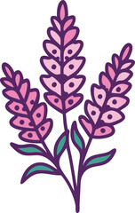 Lavender Flower Illustration with Leaves, Colorful illustration of blooming lavender flowers with pink and purple hues, featuring multiple stems and green leaves in a stylized design.
