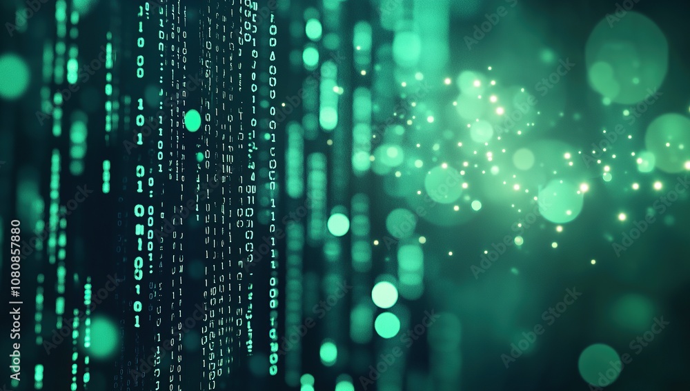 Poster digital background featuring green bokeh lights and binary code
