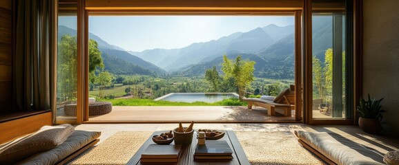 Fototapeta premium Modern Cabin Interior with Mountain View and Pool