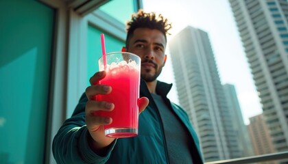 Fototapeta premium Man offers a refreshing drink with a straw on a sunny city street