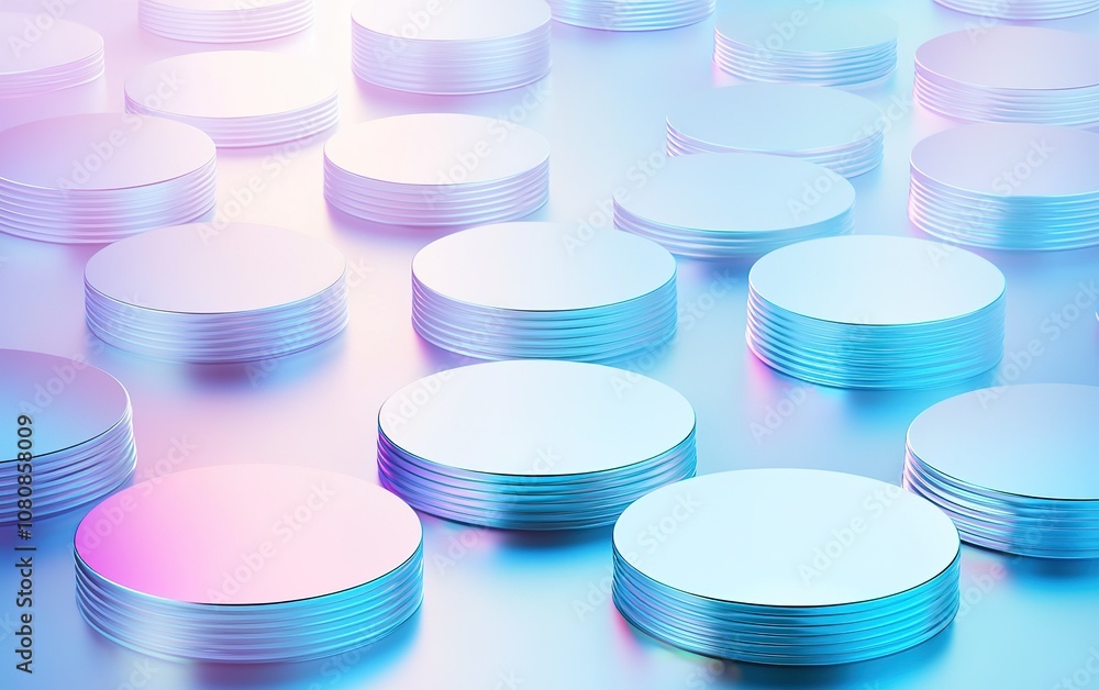 Poster a vibrant array of stacked circular discs in varying colors illuminated by soft pastel lighting crea