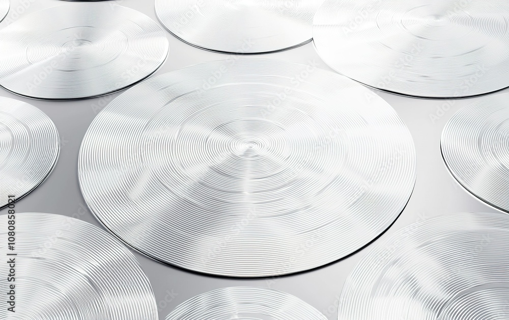 Poster circles of reflective metal arranged symmetrically on a flat surface in a minimalist setting, showca