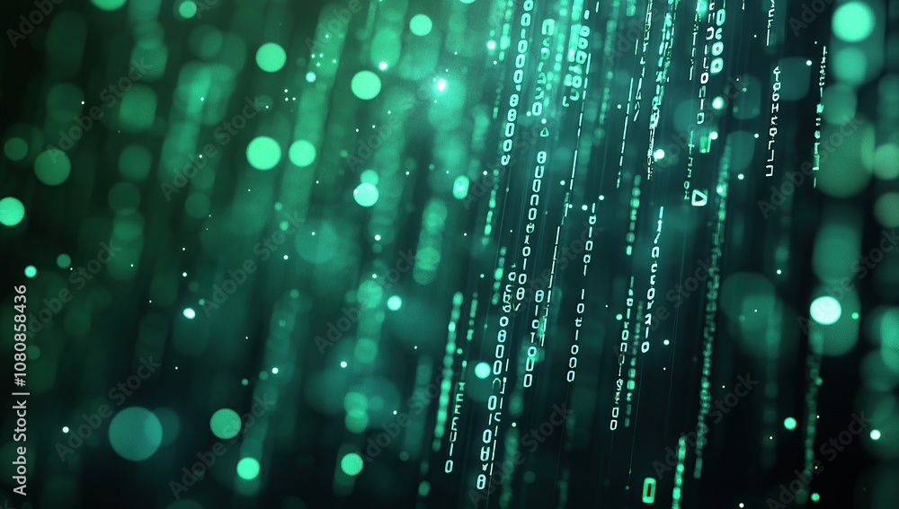 Poster digital background featuring green bokeh lights and binary code