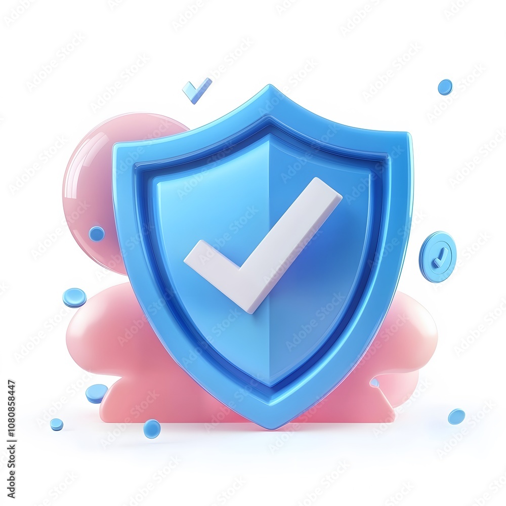Poster blue 3d shield protection icon with check for online payment on white background concept, user accou