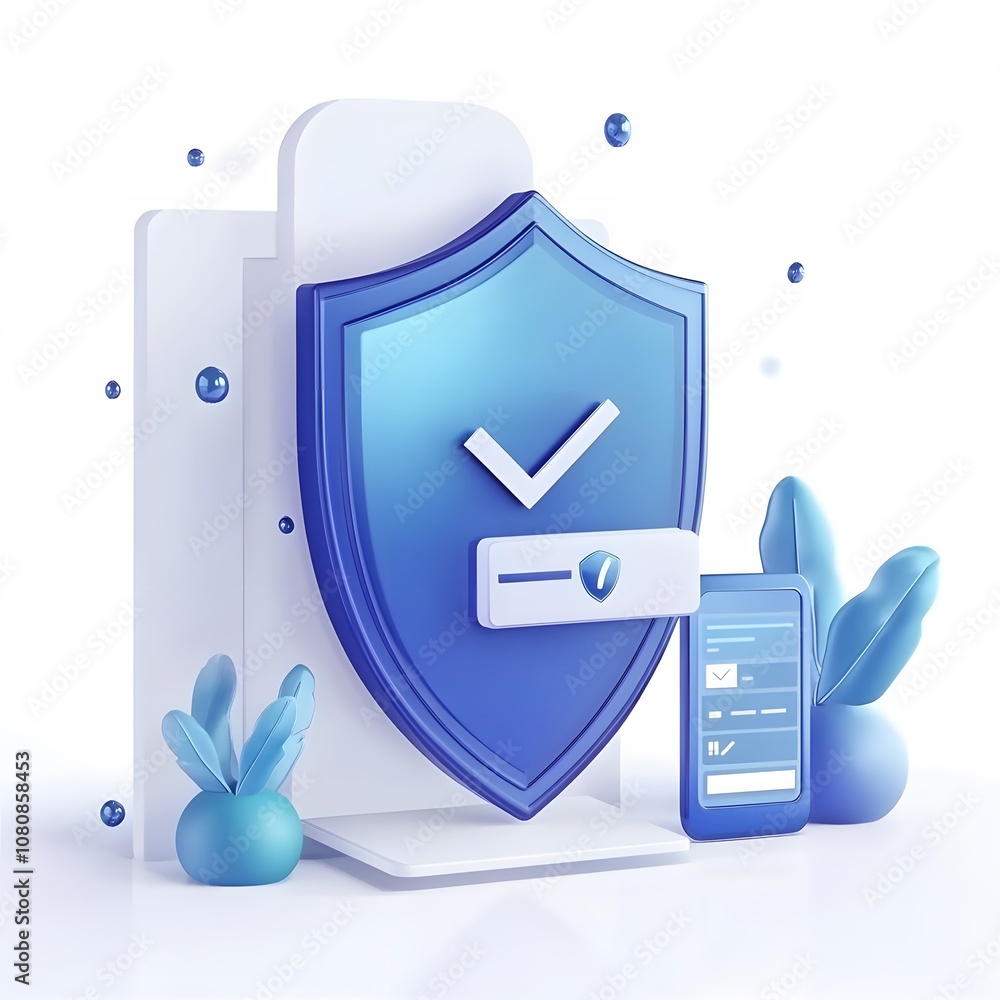 Poster blue 3d shield protection icon with check for online payment on white background concept, user accou