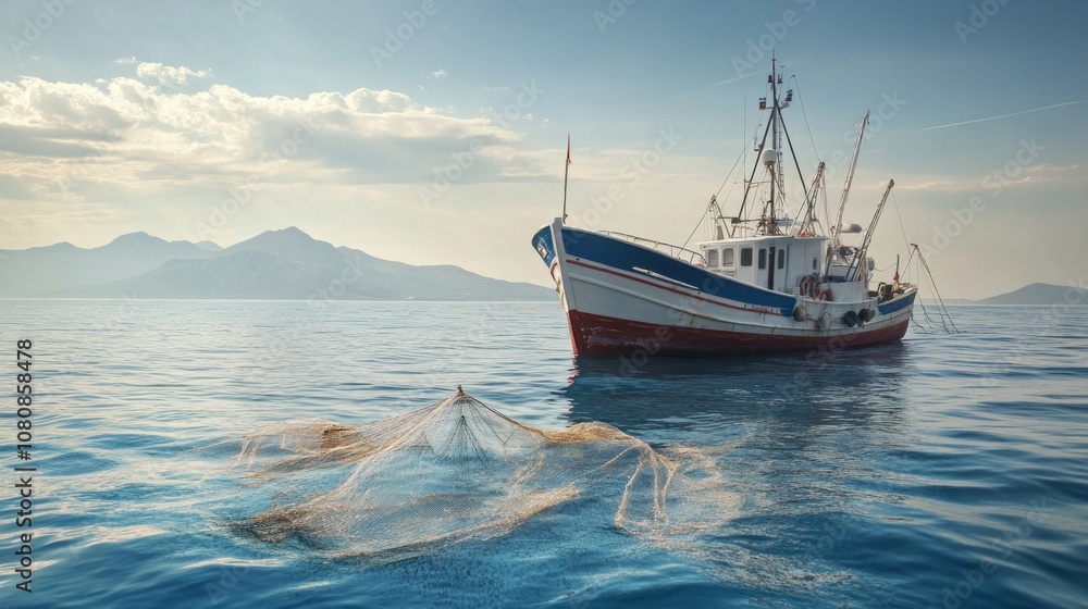Poster a fishing boat is in the water with a net on it