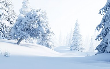 Naklejka premium Snow-covered trees in a serene winter landscape at dawn highlighting a peaceful, quiet morning