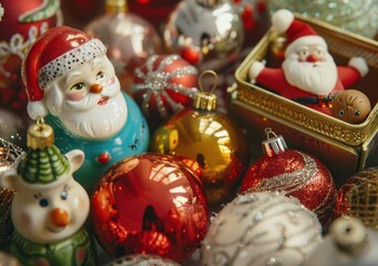 Christmas decorations, ornaments, Santa figures, colorful baubles, holiday spirit, festive season A delightful array of Christmas decor featuring Santa and various ornaments