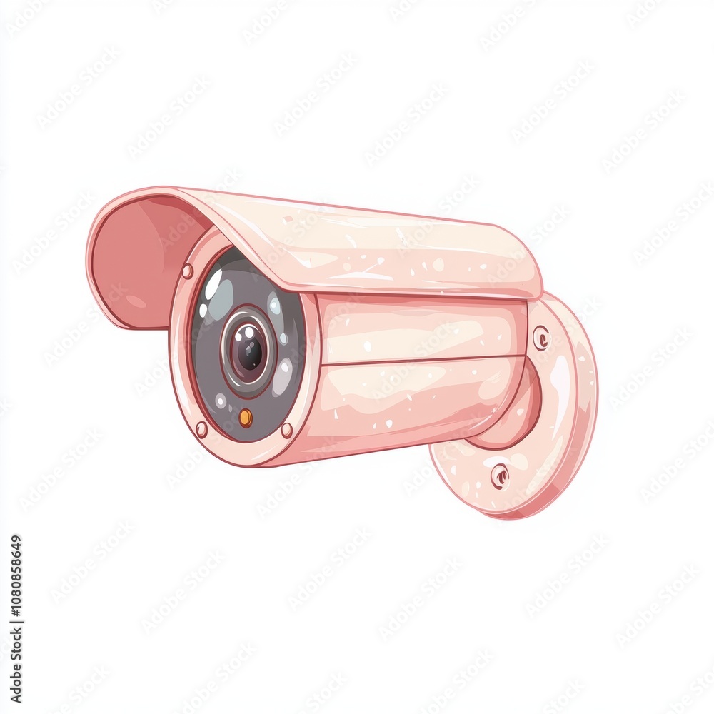 Poster illustration of a modern security camera in soft pink color with a rounded design and clear lens for