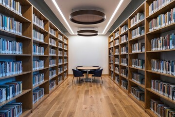 Obraz premium Elegant Interior Design of a Public Library Featuring Versatile Blank Wall Space