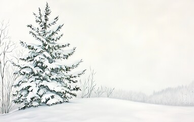 Snow-covered evergreen tree in a serene winter landscape at dawn, showcasing a tranquil atmosphere and soft light