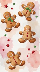 Fröhliche Lebkuchenmännchen mit Zuckerdekoration, umgeben von roten Sternen und kleinen Verzierungen auf einem aquarellierten Hintergrund. Charmant und festlich. Generative KI.