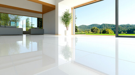 Fototapeta premium A bright and modern interior space featuring glossy white tiles, large windows, and stunning view of green hills and trees. natural light enhances serene atmosphere