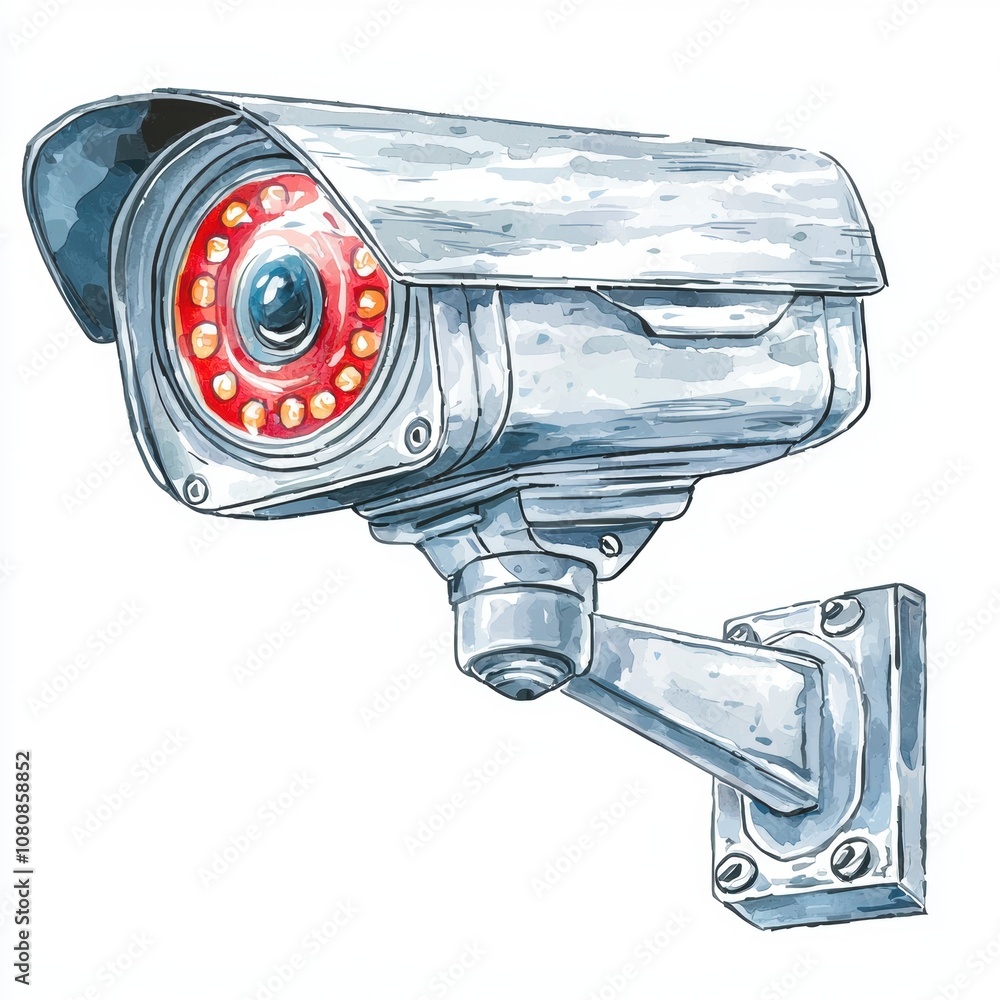 Poster realistic illustration of a surveillance camera with red leds, depicting security technology for mon