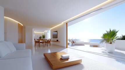 Fototapeta premium Modern living room with stunning ocean view, featuring minimalist design, natural light, and elegant furnishings. space exudes tranquility and sophistication