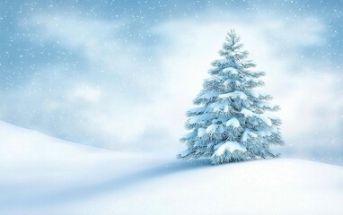 A snowy landscape showcasing a frosted evergreen tree under a cloudy sky during winter in a serene, peaceful setting