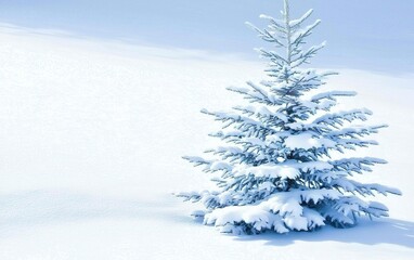 Fototapeta premium A snow-covered evergreen tree stands alone in a serene winter landscape under a clear blue sky, showcasing the beauty of a peaceful snowy day