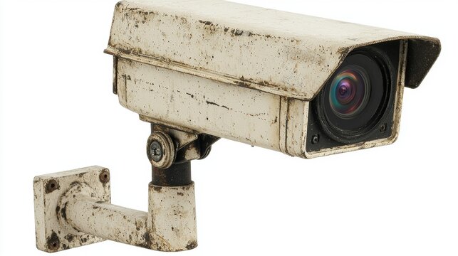 Weathered Surveillance Camera on White Background, Showing Signs of Age and Wear, Perfect for Discussions on Security, Technology, and Privacy Concerns