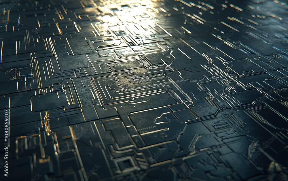 Poster abstract circuit board design illuminated by soft lighting in a futuristic setting showcasing intric