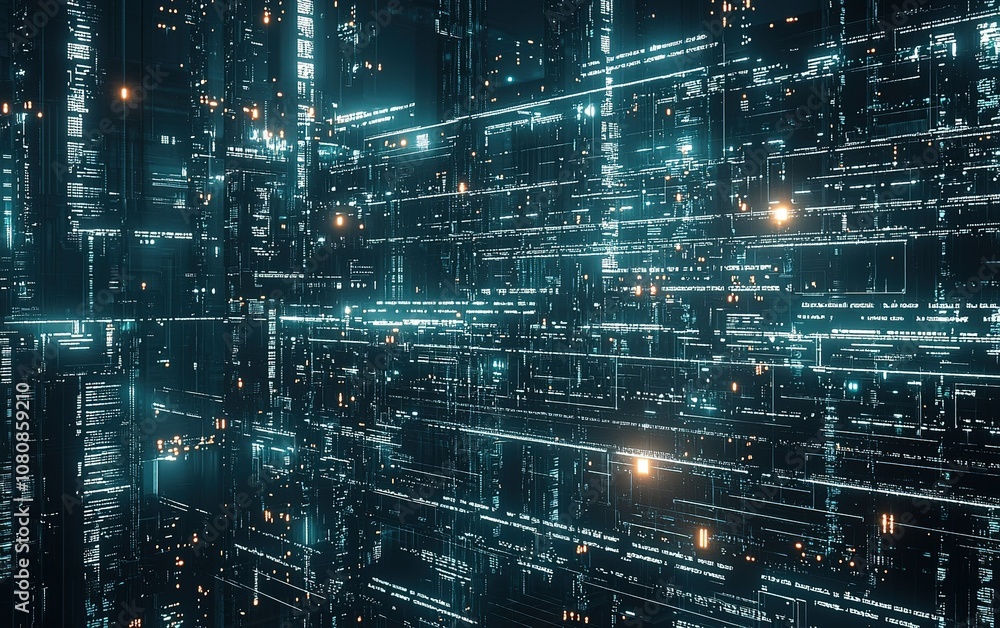 Poster futuristic digital landscape with glowing networks and intricate data structures in a high-tech envi