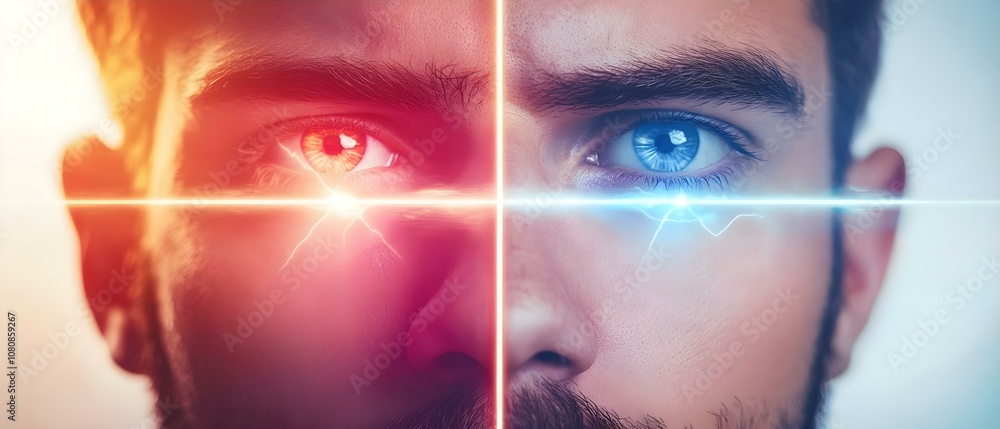 Poster a split image of a man's face with one eye glowing red and the other blue, surrounded by lightning e