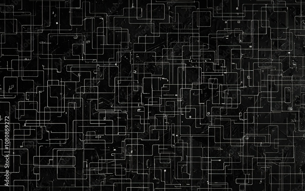 Poster abstract black and white circuitry patterns filling a dark background with intricate lines and shape