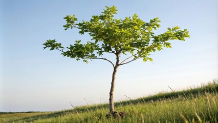 Obraz premium A delicate young tree with a single branch stretching out from its trunk surrounded by vibrant green leaves, botanical, forest, leafy greens