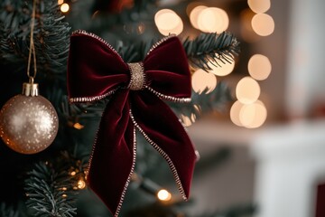 A deep red bow with elegant gold edging graces the branches of a Christmas tree, beautifully highlighted by the glow from surrounding warm lights.