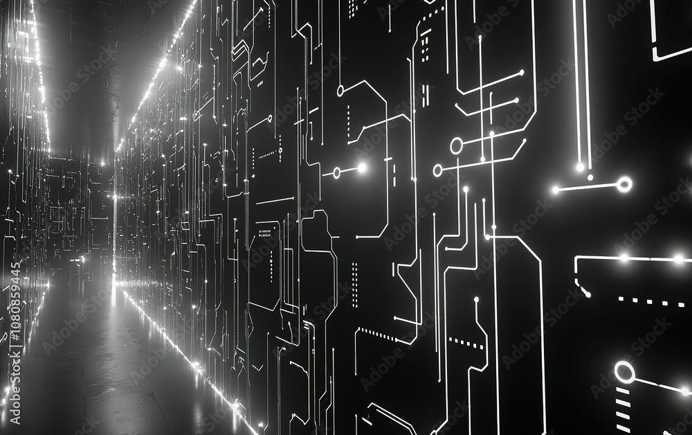 Poster a futuristic corridor illuminated by glowing circuit patterns in a high-tech environment