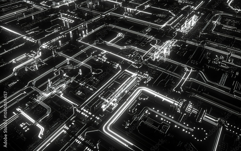 Poster aerial view of a glowing cityscape with intricate patterns of light during the nighttime display of 