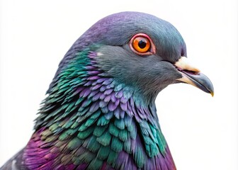 Isolated Portrait of a Colorful Pigeon Against a White Background Highlighting the Unique Features and Textures of the Bird's Plumage