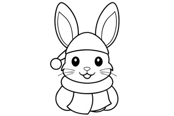 Fototapeta premium Outline of Cute Bunny in Santa Hat and Scarf