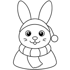 Outline of Cute Bunny in Santa Hat and Scarf