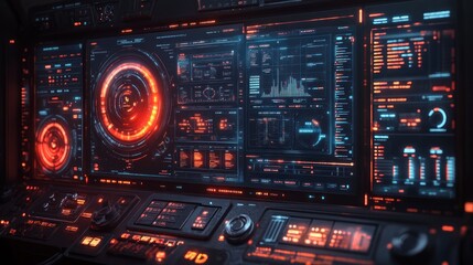 Obraz premium Futuristic control panel with glowing interfaces and data displays.